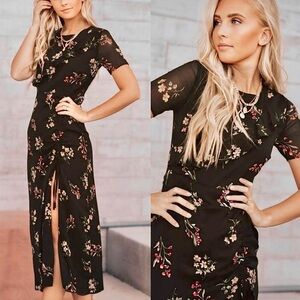 Bohme Floral Black Cinched Adjustable Slit Chiffon Midi Dress | XL